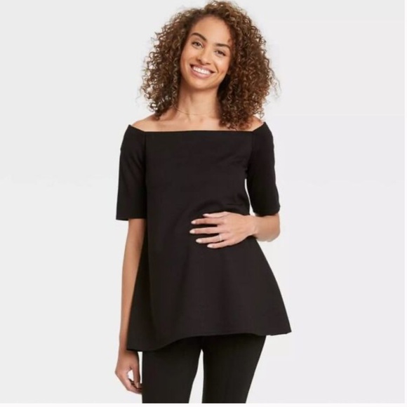 The Nines by HATCH Tops - The Nines by Hatch Short Sleeve Off the Shoulder Ponte Top Black